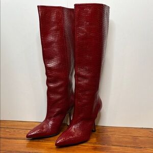 Stuart Weitzman Scarlet Red Croc-Embossed Classic Knee-High Pull-on Boots Sz 8